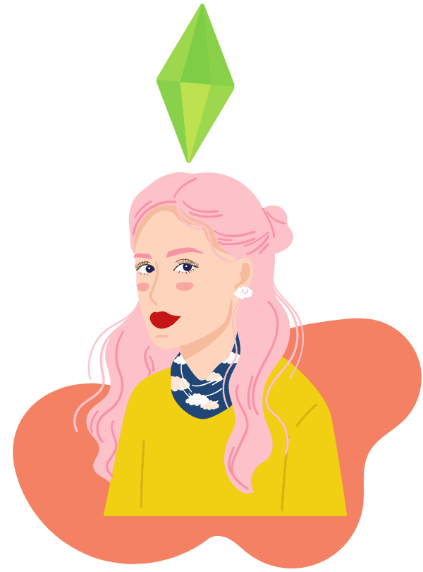 Illustrated woman with pink hair and Sims 4 plumbob