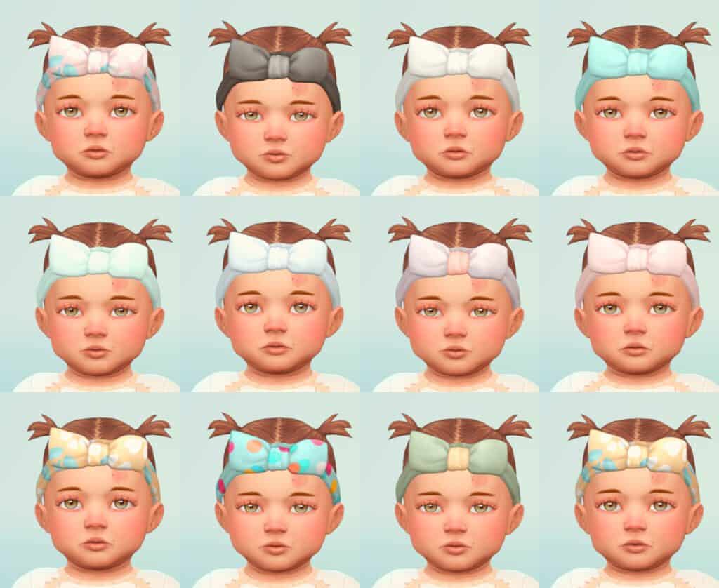 Sims 4 Infant wearing multiple different color/pattern swatches of hair bow accessory cc