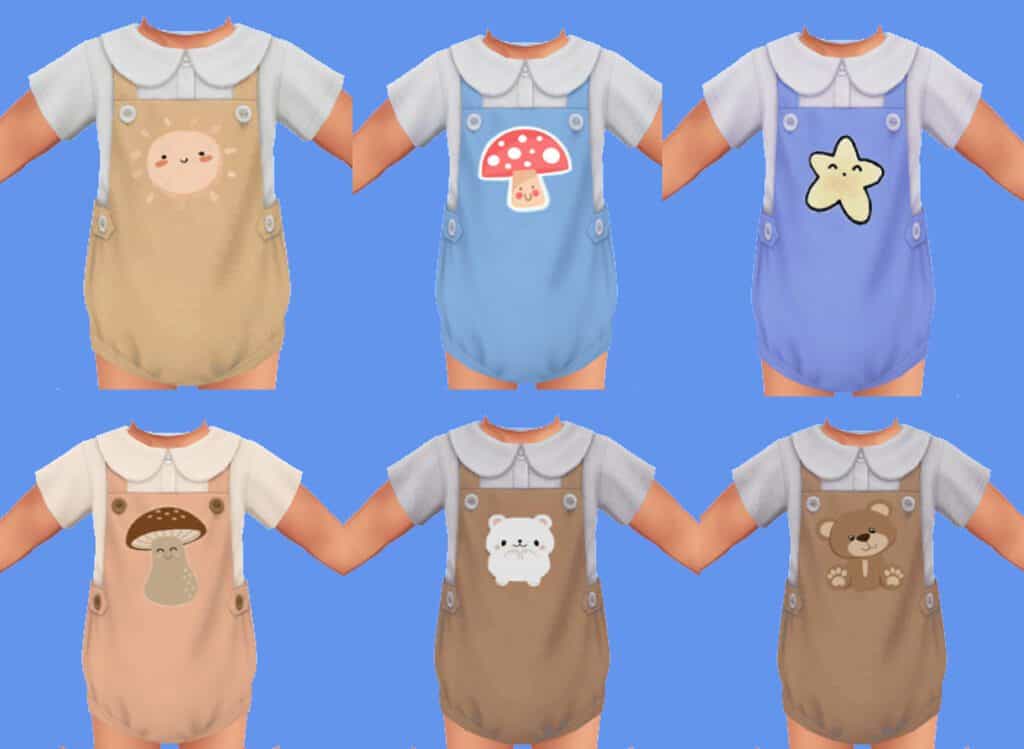 Sims 4 Growing Together cc clothing for infants recolored in 6 swatches with bears, mushrooms, sun and star