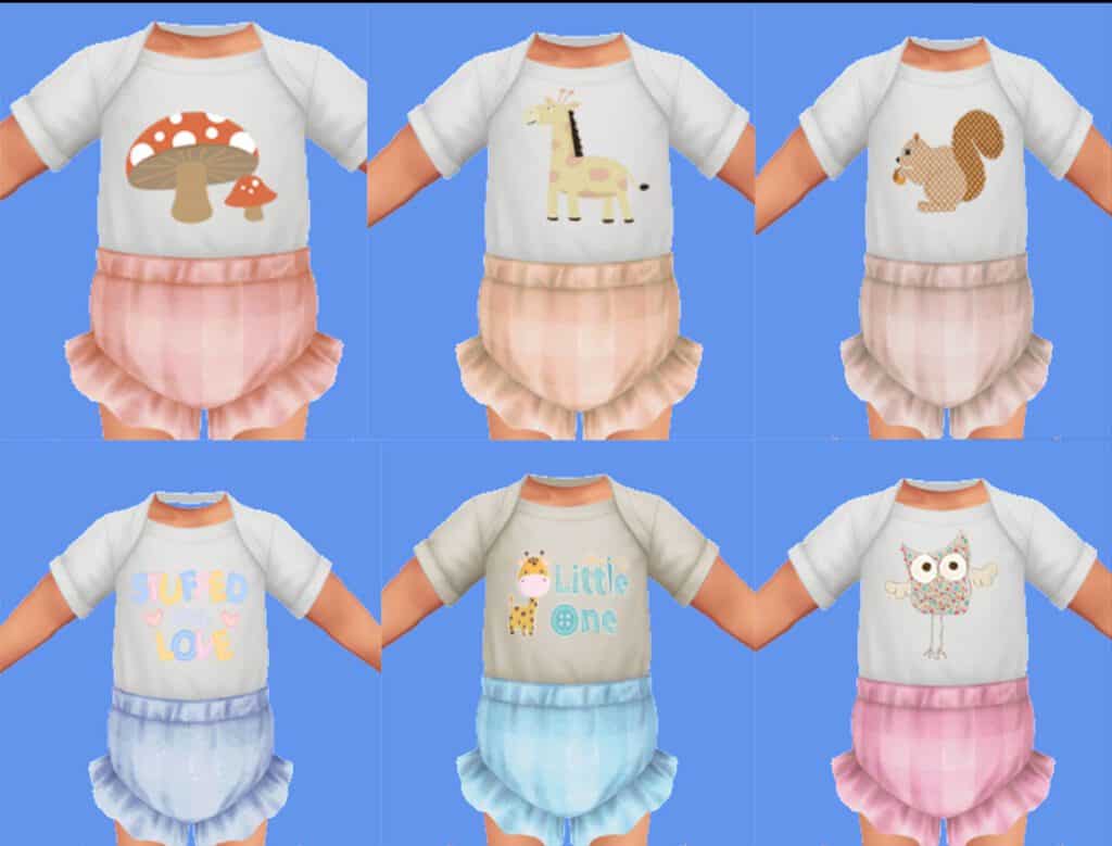 Sims 4 Infant clothing cc recolored base game bloomers with animal swatches