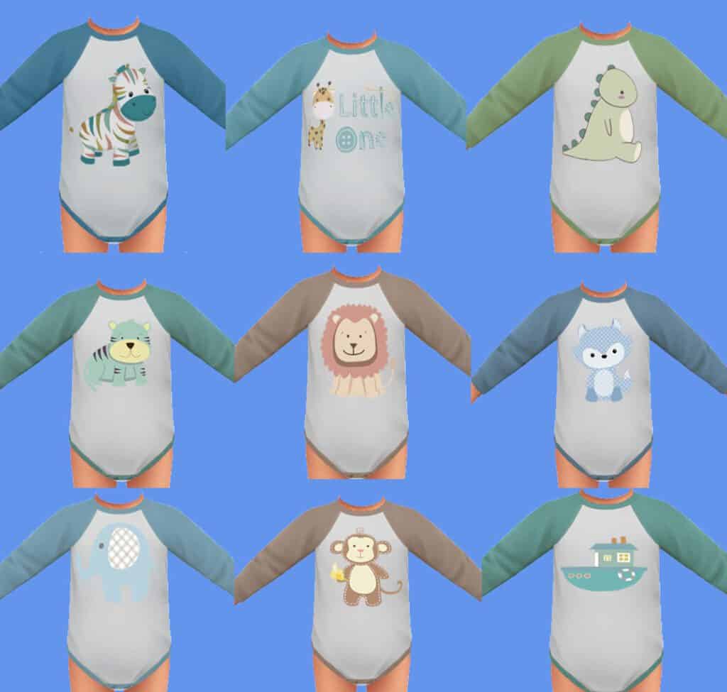 9 swatches of recolored base game onesie for sims 4 infants