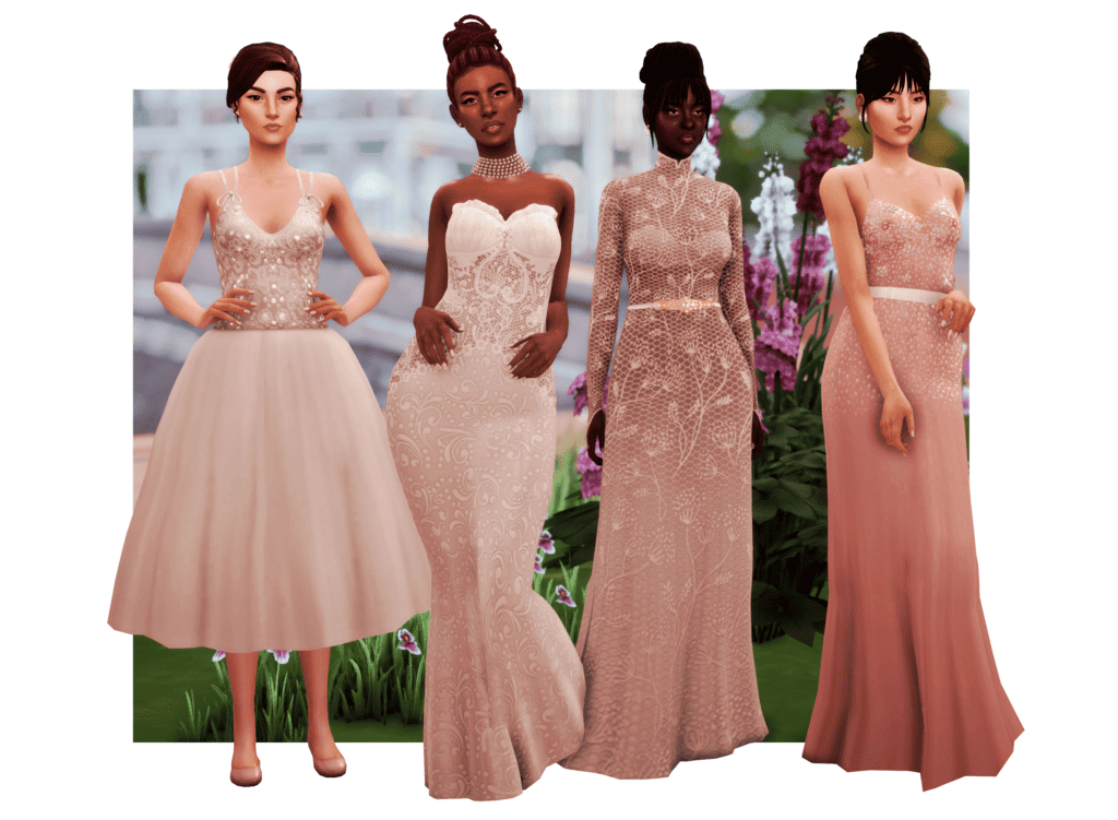 Zeussim, set of 4 sims 4 wedding dress CC outfits featuring lace details