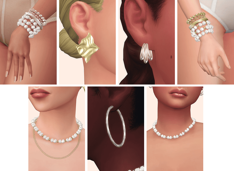 Sims 4 jewelry cc pack including pearls and diamonds bracelet, necklaces and earrings