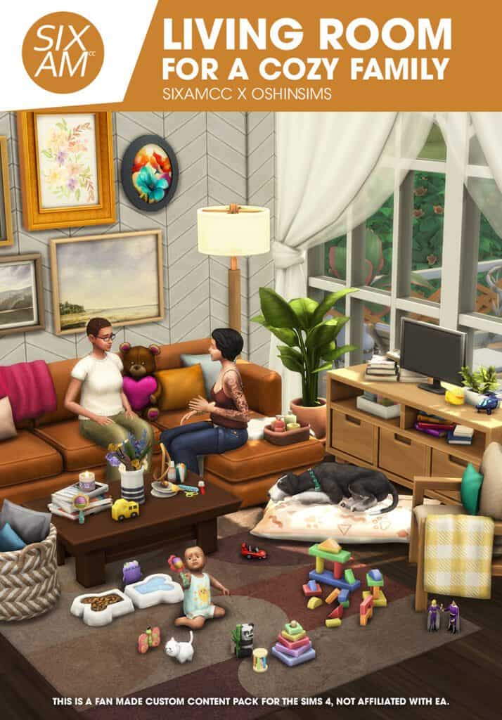 Cozy family living room cc stuff pack by oshinsims and sixamcc for sims 4 growing together