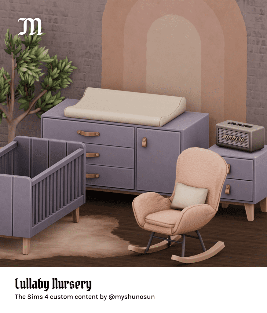 Lullaby Sims 4 infant nursery cc pack by myshunosun with functional crib cc, rocking chair cc, and changing table cc