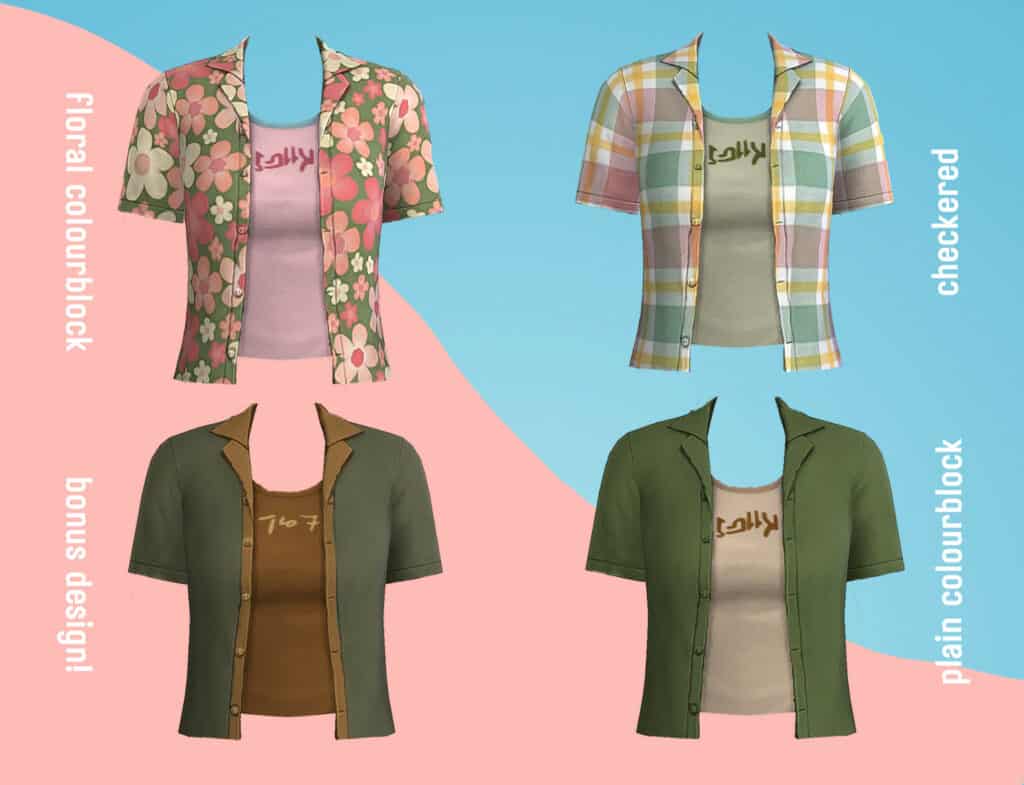 Female Layered Buttonup Shirt Sims 4 Clothes CC, floral pattern, solid and checkered pattern button up