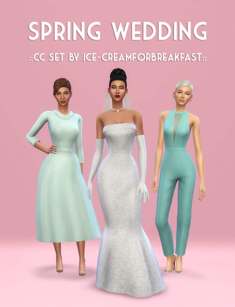 Sims 4 wedding cc pack including long dress, midi dress and jumpsuit cc as well as hair cc and veil cc