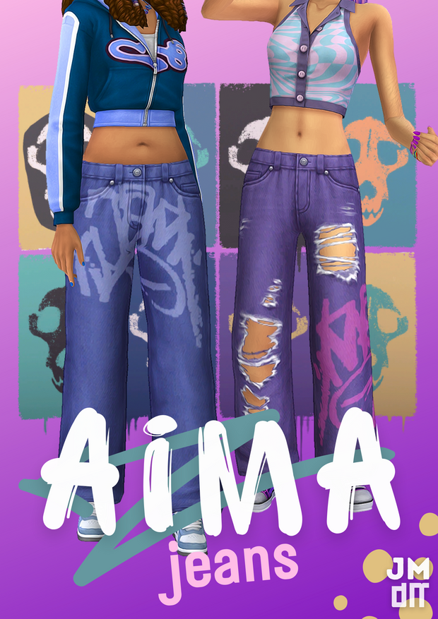 Sims 4 cc jeans called Aima by Jellymoo. Colorful low rise jeans with torn holes and simlish writing on them on a female frame.