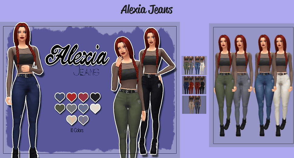 Sims4 cc jeans called Alexia jeans by Kasssims. The jeans come in a variety of colors, including blue, black and green. They have a studded black belt with a square silver buckle on them and some small tears around the jeans.