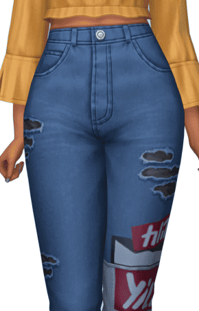 Sims 4 cc jeans by Aharriss00britney. Medium color, high waisted, with holes torn into them and graphic designs around the knee.