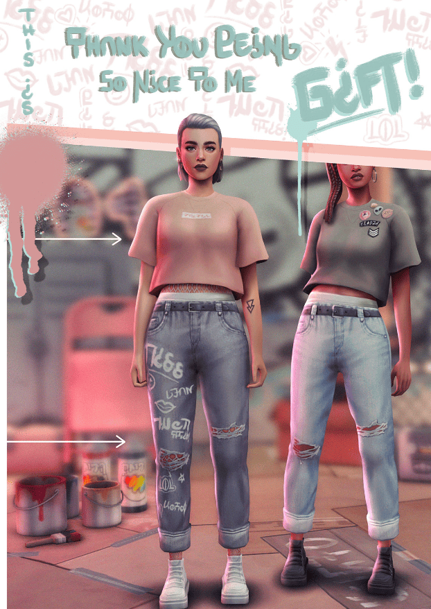 Sims4 cc blue jeans by Emmibouquet. Slightly baggy jeans with writing and ripped knees and with folded up bottoms and underwear peeking above the tops.