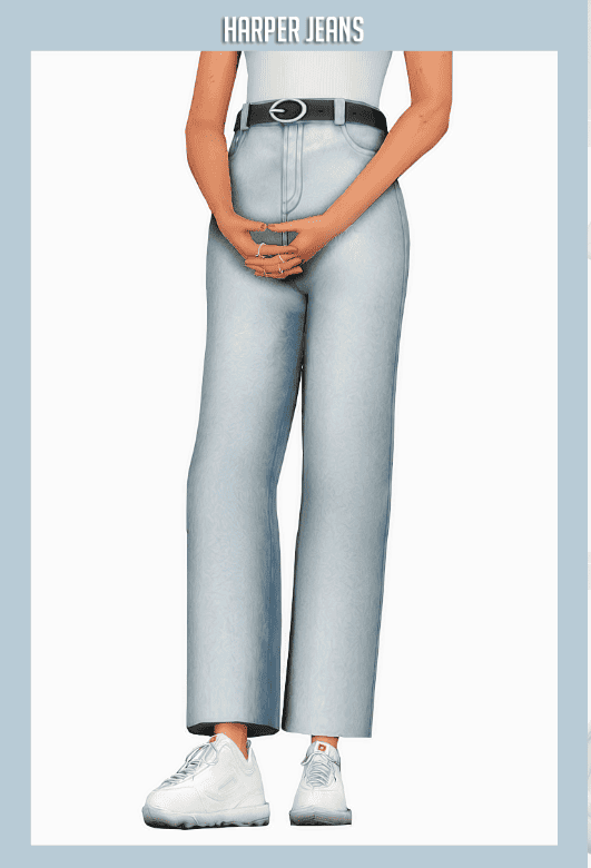 Sims 4 jeans cc called Harper jeans by Clumsyalien. Lighter jeans set higher on the waist, with a black belt and round silver buckle.