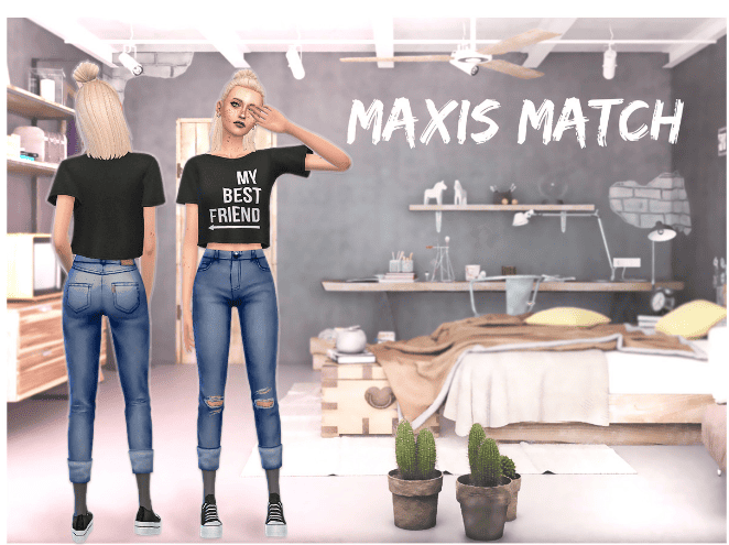 Sims4 cc jeans that are a recolor by Emmibouquet. Classic blue jeans with ripped knees, folded bottoms and back pockets. 