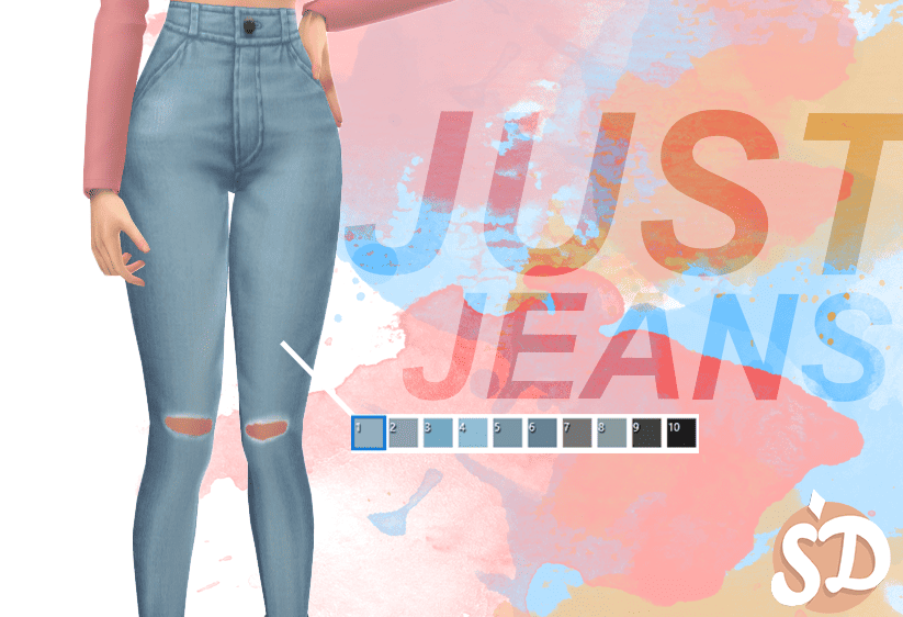Sims4 cc jeans titled Just jeans by sondescent. Very high waisted light blue jeans with ripped knees and pockets set on a female frame.