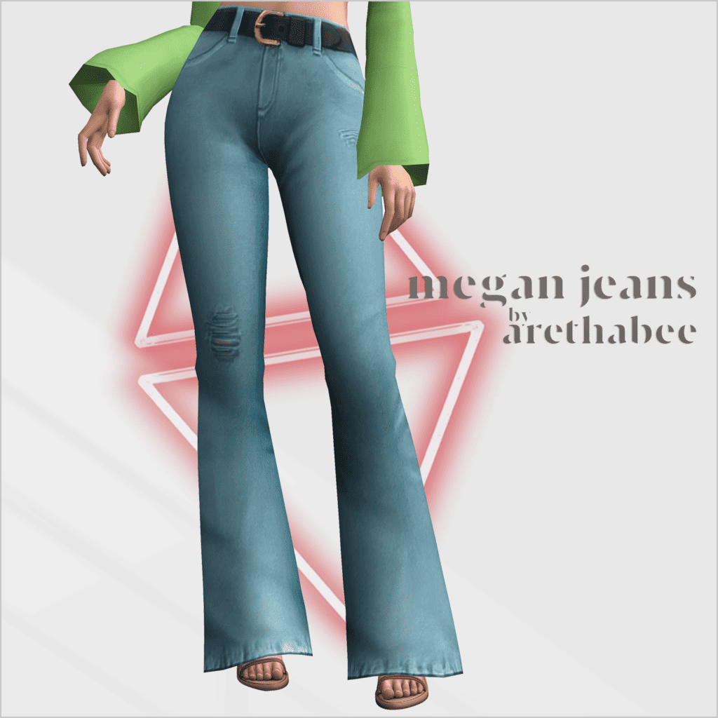 Sims 4 cc jeans by Arethabee called megan jeans. Low rise lighter blue jeans with flared bottoms and a black belt with gold buckle on a female frame.