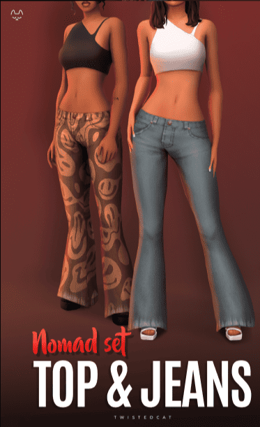Sims 4 cc lowrise jeans with different colors and patterns by TwistedCat.