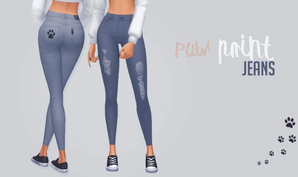 Sims4 cc jeans with a paw print on the back left pocket by Aprisims. The jeans are soft looking with tears in them and fit like jeggings.