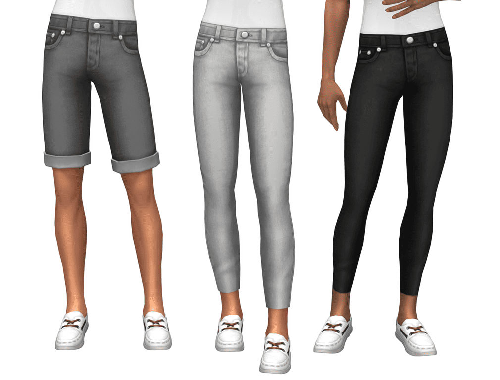 Sims 4 cc jeans by Greenllamas. Mostly grays and blacks, on a male frame in both long, cropped and shorts. 