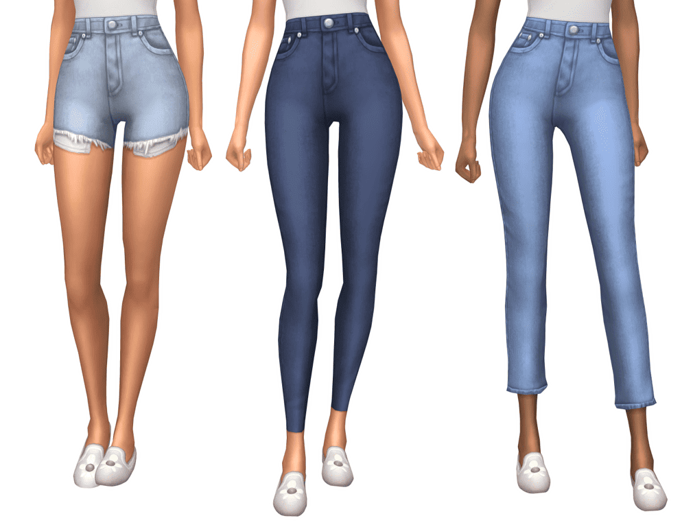Sims 4 cc jeans by Greenllamas. Mostly blues, on a female frame in both long, cropped and shorts. 