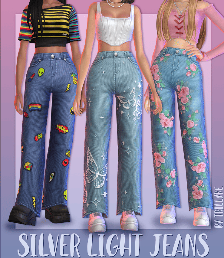 Sims 4 cc jeans by Trillyke. Varying colors and patterns, from flowers to butterflies and rainbows.