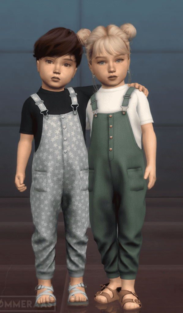 Two toddlers modeling Cottage Tots Billie Overalls by Tommeraas
