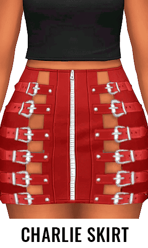 Red sims 4 goth cc skirt made of buckles with a long silver zipper up the middle