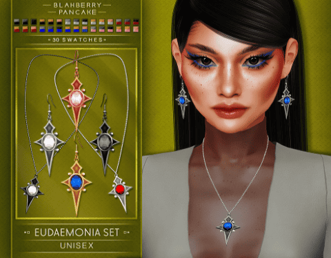 Female sim with matching blue and silver CC earrings in a cross shape with pointed tips