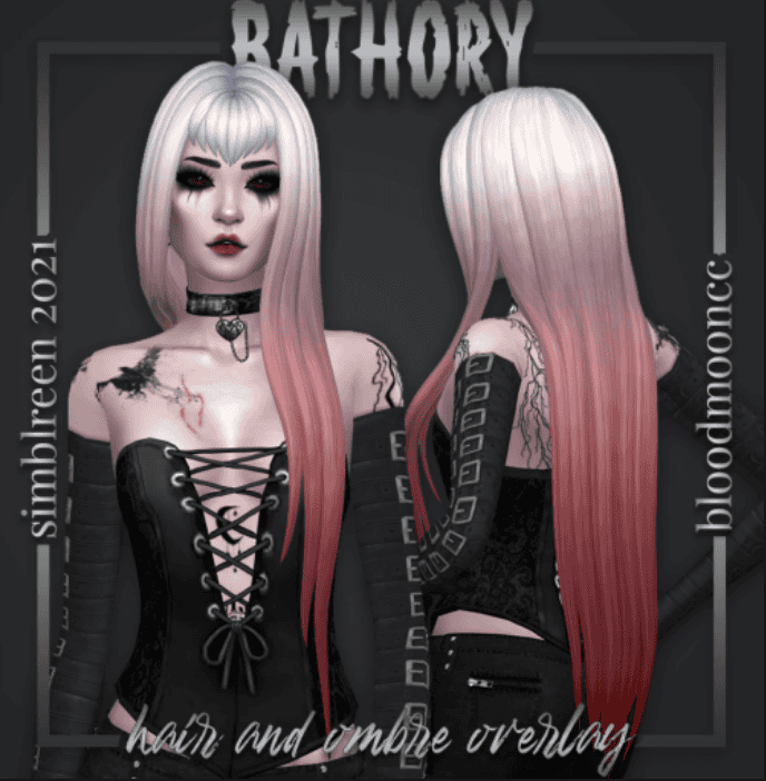 Female sim with long pink and gray sims 4 goth cc hair