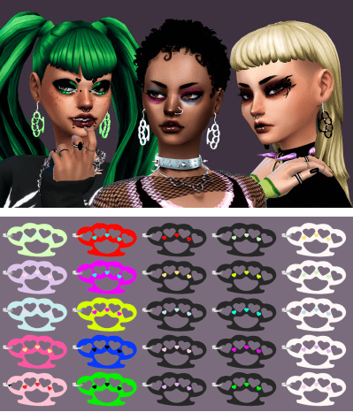 Three female sims with varying hairstyles, all wearing brass knuckle sims 4 goth cc earrings