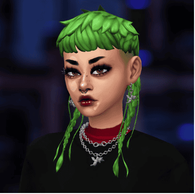 A female sim with a sims 4 goth cc green mullet in braids