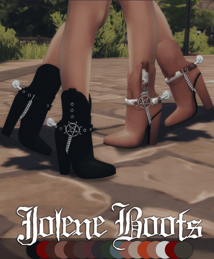 Cowboy sims 4 goth cc ankle boots with spurs, chains and a pentagram emblem 