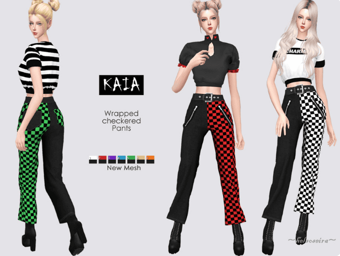 Female sim wearing sims 4 goth cc pants that are half black and half checkered colors