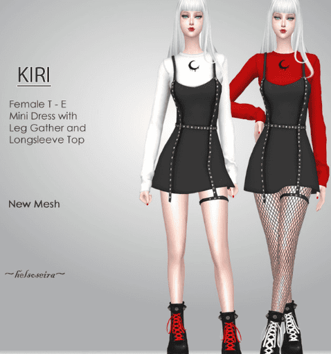 Female sim wearing a black cc mini dress with different colored shirts underneath that have a melting crescent moon