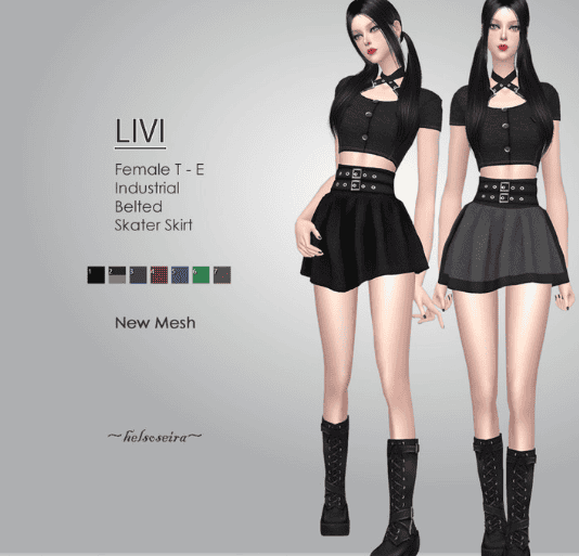 Female sim with a small black top and short black cc skirt with a double black belt