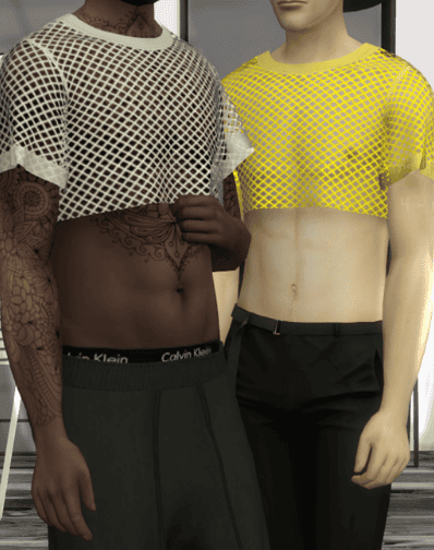 Male crop top mesh shirt on two male sims