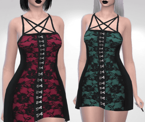 Female sim wearing a red cc dress with floral pattern and hooks going up the front
