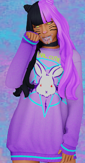 Female sim with sims 4 goth cc purple dress that has a pentagram behind a bunny with red eyes