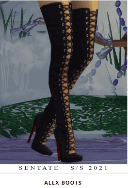 Knee high black sims 4 goth cc boots with open criss cross lacing on the front and heels