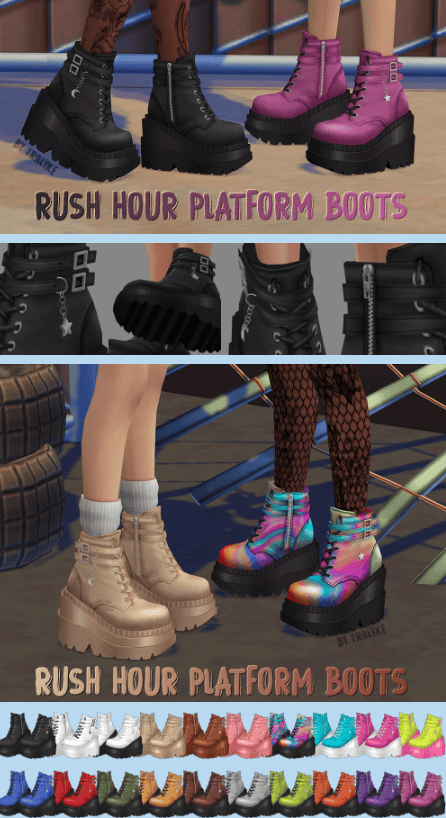 Collage of three pictures with ankle boots with a high lift and varying colors sims 4 goth cc 