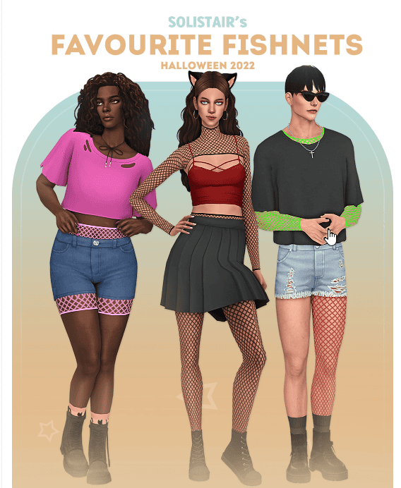 Two female and one male sim with fishnets, shorts, and one legged sims 4 goth cc