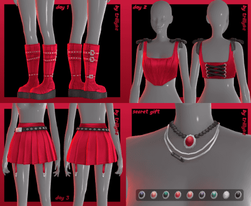 A collage of red goth boots, red corset shirt, red skirt with a black belt and a necklace with a red gem and paperclip chain sims 4 cc