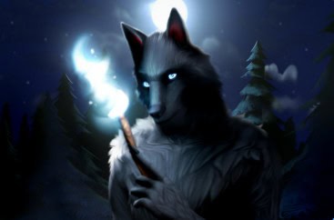 A dark gray werewolf with white eyes holding a wand with bright white light coming off of the tip