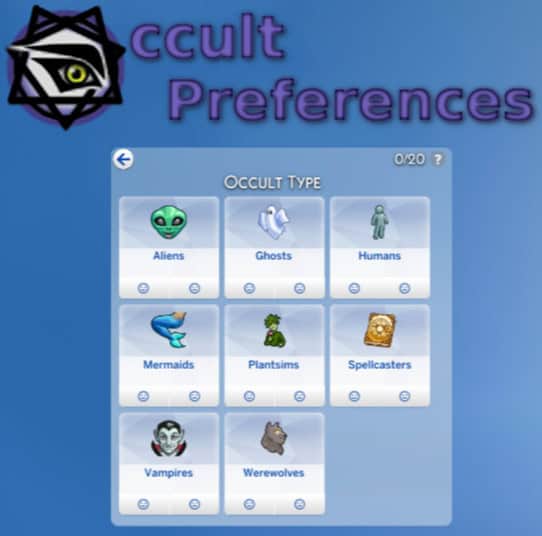 A page in create a sim that lets you choose what types of occults your sim does, or doesn't like