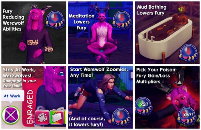 A picture showing different ways to calm down your werewolf, such as a mud bath or meditation